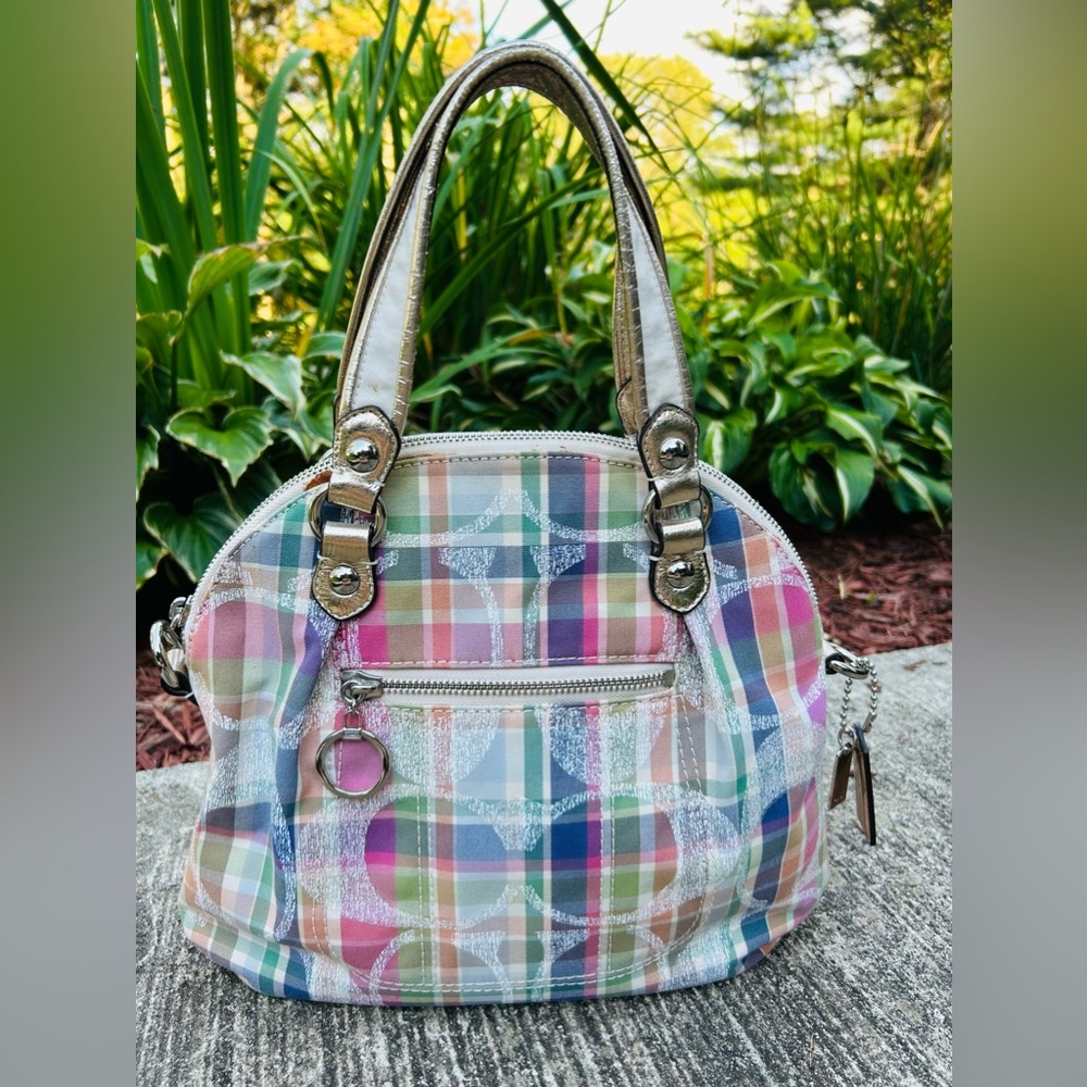 Coach Poppy Daisy pink multicolor madras signature C logo crossbody